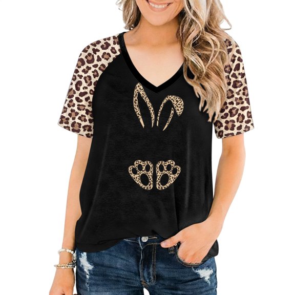 Ankishi Bunny T Shirts for Women V Neck Leopard Casual Raglan Short Sleeve Graphic Tees Pullover Tops for Travel