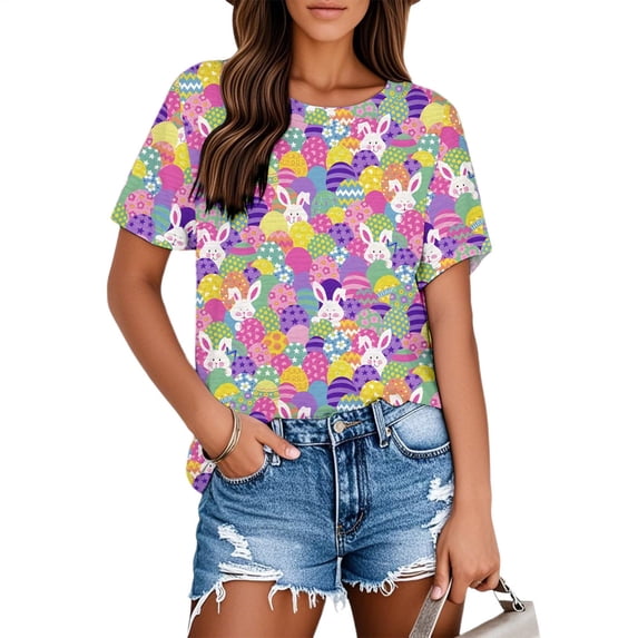 Ankishi Easter Bunny T Shirts for Women Colorful Egg Crewneck Short ...
