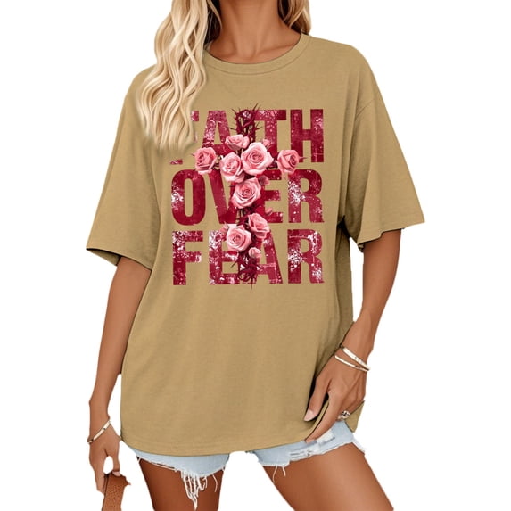 Ankishi Faith Over Fear Shirt Floral Print Short Sleeve Christian Tee Shirt Loose Fit Cotton Tops for Vacation
