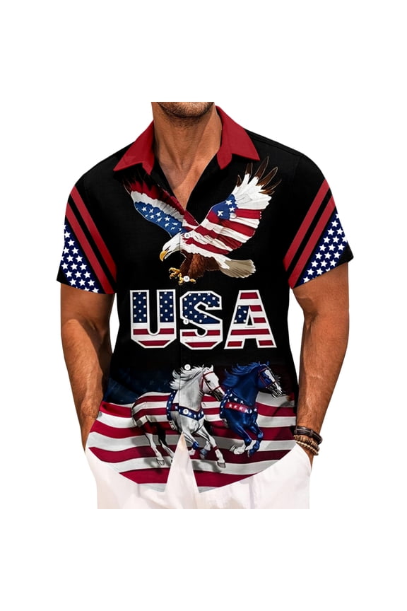 Flag Button Up Shirt Men Eagle Print Independence Day American Flag Button Down Shirt for Daily