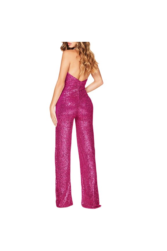 Halter Jumpsuit Deep V Cowl Neck Sequin Jumpsuits Sexy Shiny Overalls Pants for Night Club Dating