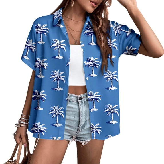 Ankishi Hawaiian Shirts Womens Palm Tree Button Down Short Sleeve Tropical Shirts Fashion Basic Tops Daily Wear
