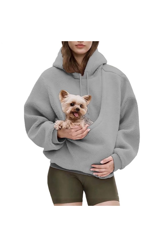 Hoodie with Pet Pouch Solid Color Fuzzy Long Sleeve Pet Holder Hoodie Sweatshirt with Dog Pouch for Home Sofa
