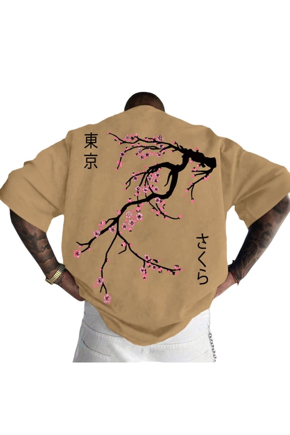 Japanese Tshirt Men Floral Tokyo Short Sleeve Oversized Crewneck Cotton Graphic Tees Summer Tops for Streetwear