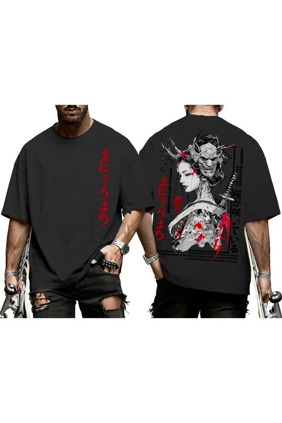 Japanese Tshirt Men Japanese Geisha Oversized Crewneck Short Sleeve Graphic Tshirt for Streetwear