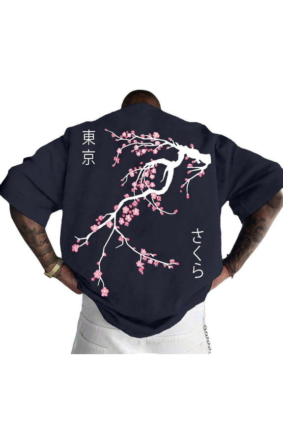 Japanese Tee Shirts for Men Tokyo Floral Oversized Casual Crewneck Cotton T Shirt Trendy Clothes for Streetwear