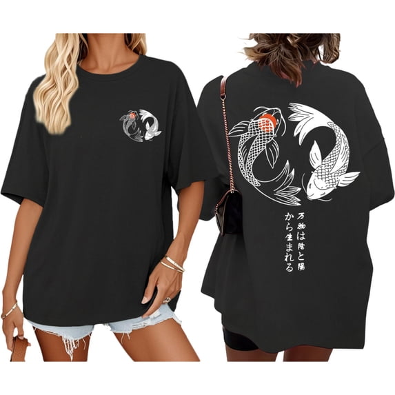 Ankishi Koi Fish T Shirts for Women Koi Fish Print Crew Neck Graphic Tees Fashion Vacation Cotton Tops for Travel