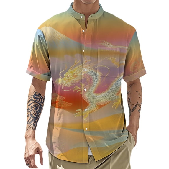 Ankishi Men's Hawaiian Shirts Japanese Dragon Print Holiday Button Up Shirt Trendy Summer Clothes Loose Basic Tops