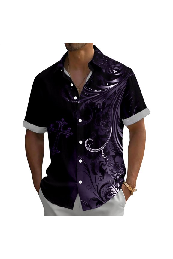Mens Christian Button Up Shirts Cross Floral Summer Button Up Shirts Fashion Collared Tops for Beach