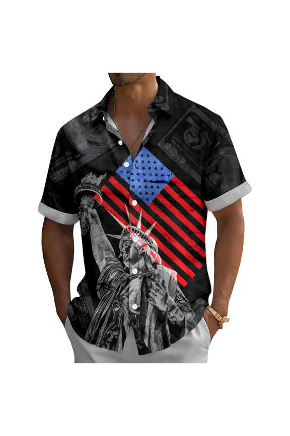 Mens Patriotic Button Up Shirt Eagle Print Hawaiian American Flag Shirt Button Down Patriotic Tops for Daily