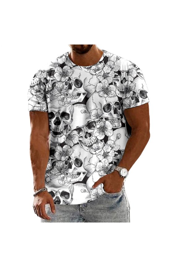 Mens Skull Shirts Crewneck Floral Horror Short Sleeve Graphic Tees Regular Fit Basic Tops for Streetwear