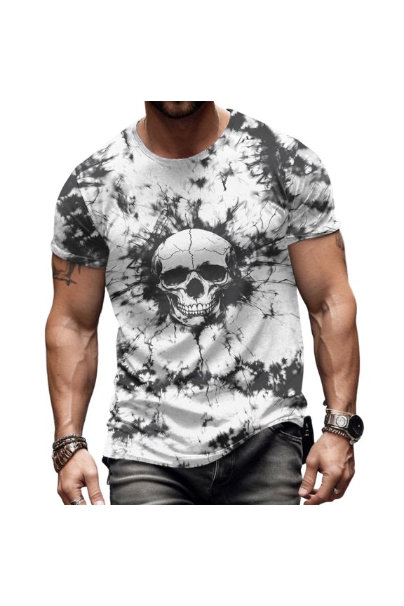Mens Skull T Shirts Crewneck Short Sleeve Spooky Skeleton Graphic Tee Shirt for Holiday Party Streetwear