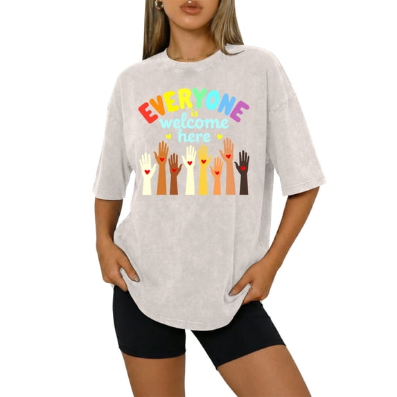 Ankishi Oversized T Shirts for Women Everyone is Welcome Here Washed Short Sleeve Crewneck Cotton T Shirts for Travel