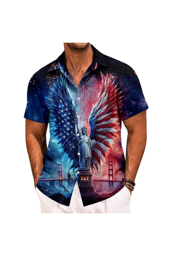 Patriotic Button Down Shirts for Men Eagle Print Hawaiian American Flag Shirt Button Down Patriotic Tops for Daily