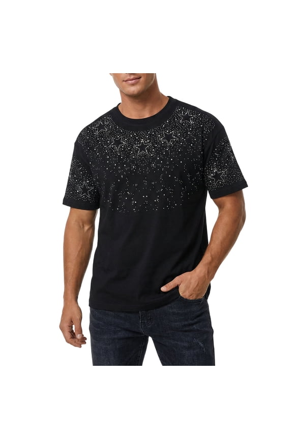 Rhinestone Shirt Men Star Rhinestone Crew Neck Shiny Summer Tees Cotton Short Sleeve Summer Tops for Daily Wear