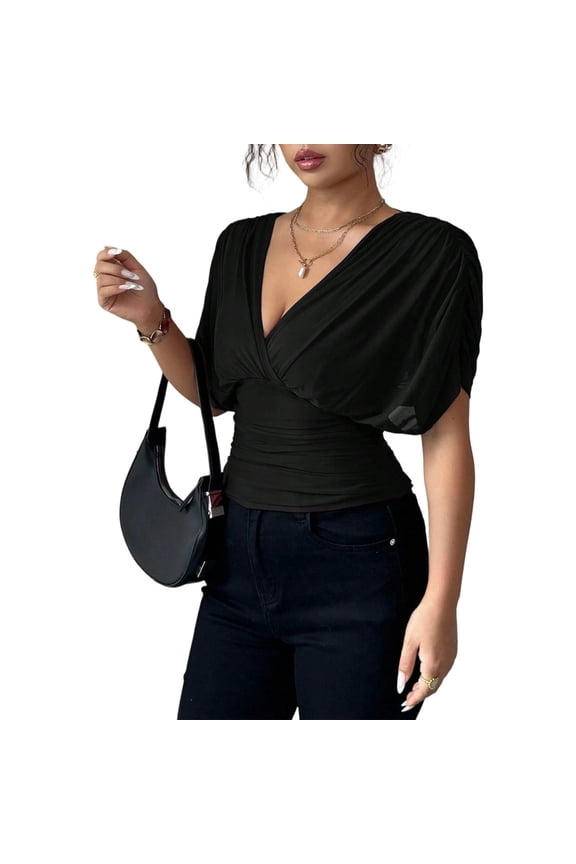 Ruched Wrap Tops for Women Deep V Neck Cinched Waist Ruched Sexy Dolman Sleeve Blouses Basic Tops for Streetwear