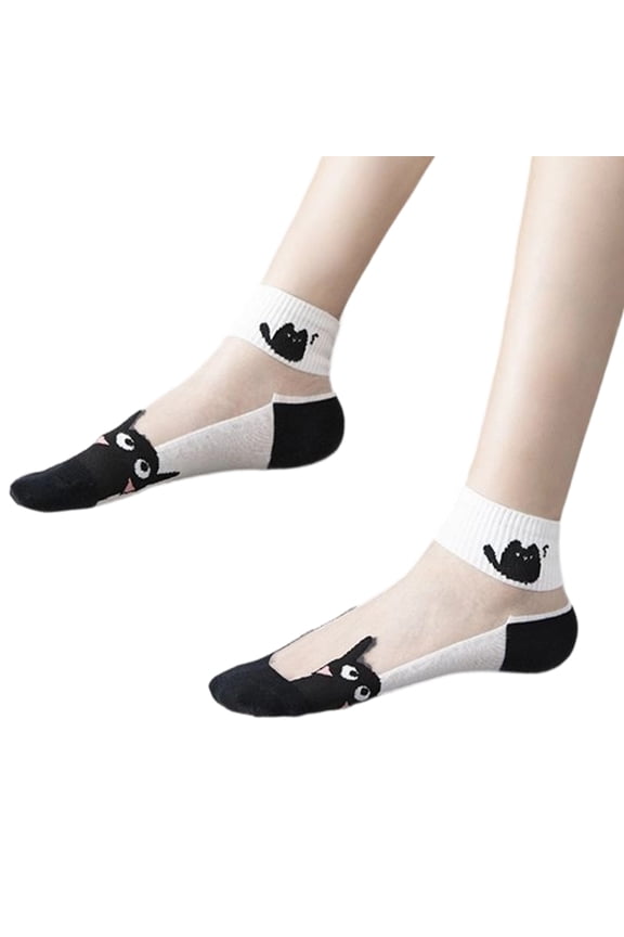 Sheer Ankle Socks Women 5 Pairs Cat Breathable Ankle Socks Cartoon See Through Stockings Everyday Wear