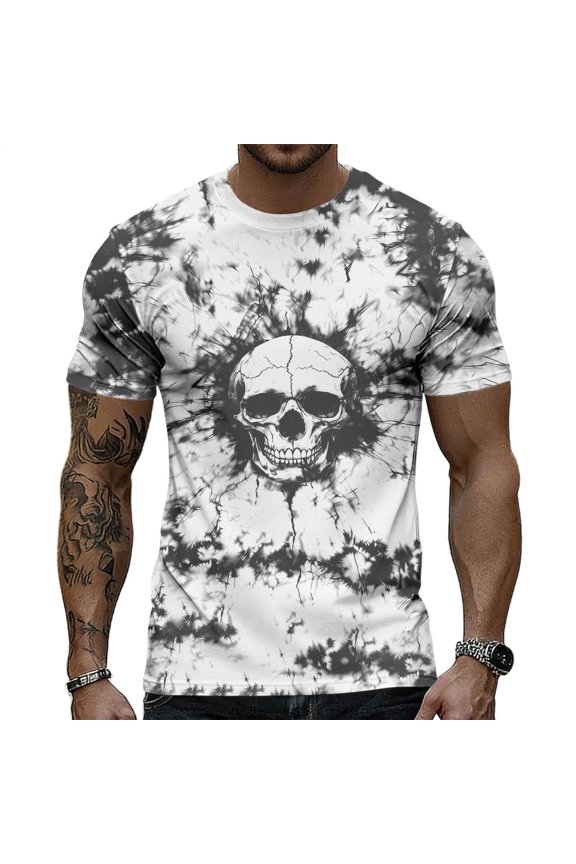 Skull Tshirts for Men Crewneck Short Sleeve Spooky Skeleton Graphic Tee Shirt for Holiday Party Streetwear