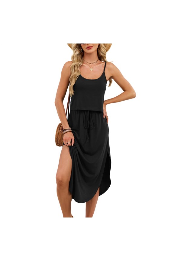 Spaghetti Strap Dresses for Women Side Slit U Neck Sexy Spaghetti Strap Dress Fashion Clothes Daily Wear