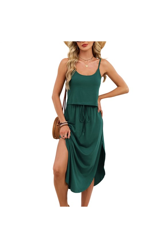 Spaghetti Strap Dresses for Women Side Split U Neck Faux Two Piece Dresses Drawstring Sleeveless Clothes Daily Wear