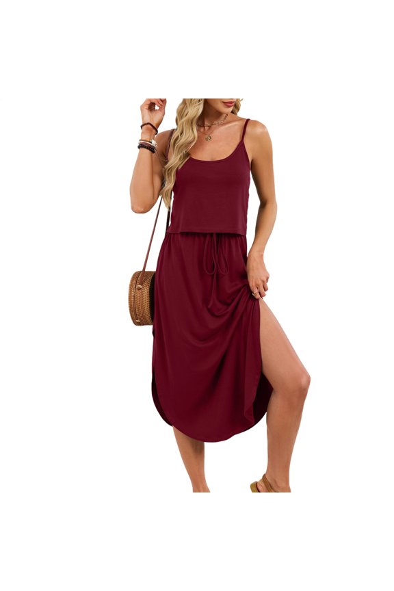 Spaghetti Strap Dresses for Women U Neck Side Slit Faux Two Piece Dresses Drawstring Sleeveless Clothes Daily Wear