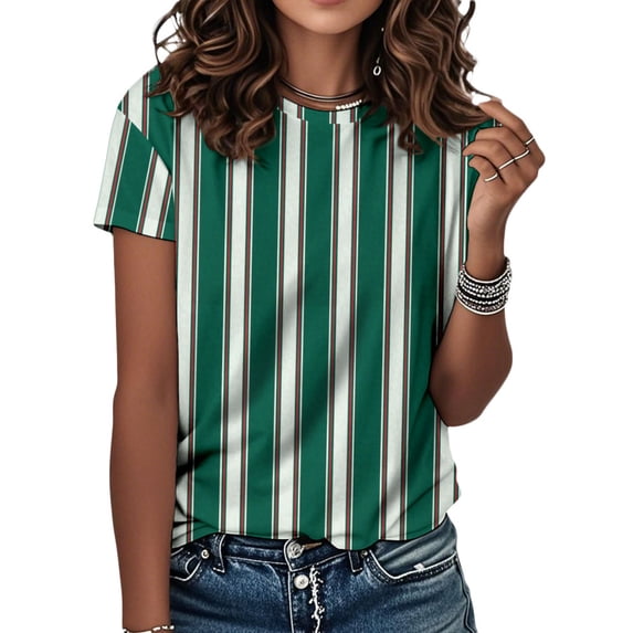 Ankishi Striped T Shirts for Women Crewneck Casual Retro Color Block Short Sleeve T Shirts Summer Basic Tee Top for Sports