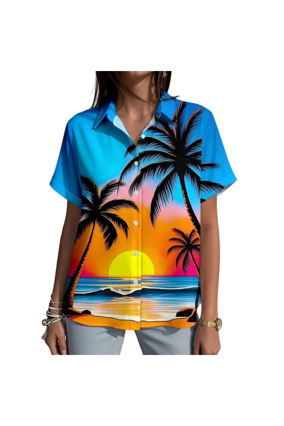 Tropical Shirts for Women Palm Tree Print Summer Casual Shirts Fashion Button Up Tops for Beach Vacation
