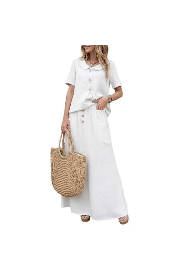 Womens 2 Piece Skirt Set Solid Color Cotton Short Sleeve Blouse Maxi Skirt Casual Going Out Outfit for Vacation Party