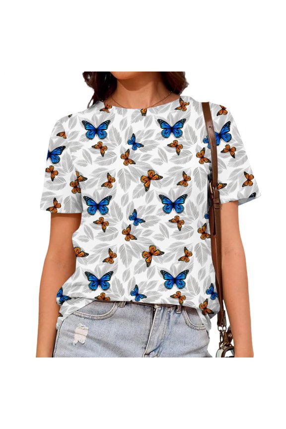 Womens Butterfly Shirt Crew Neck Casual Printed T Shirts Fashion Summer Clothes Daily Wear