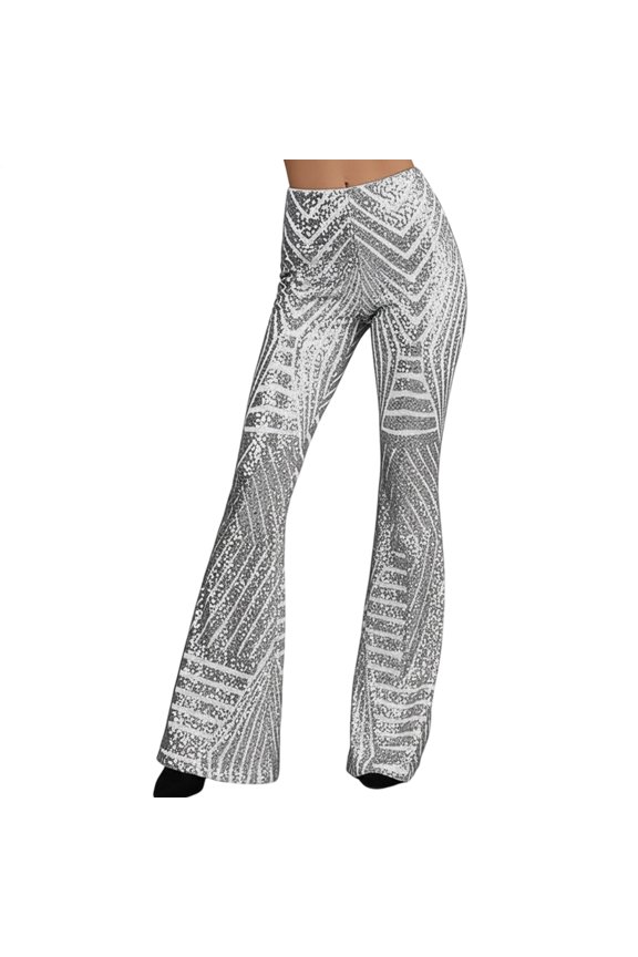 Womens Glitter Pants High Waisted Flare Glitter Pants Christmas Bell Bottoms for Nightclub Prom Evening Dance