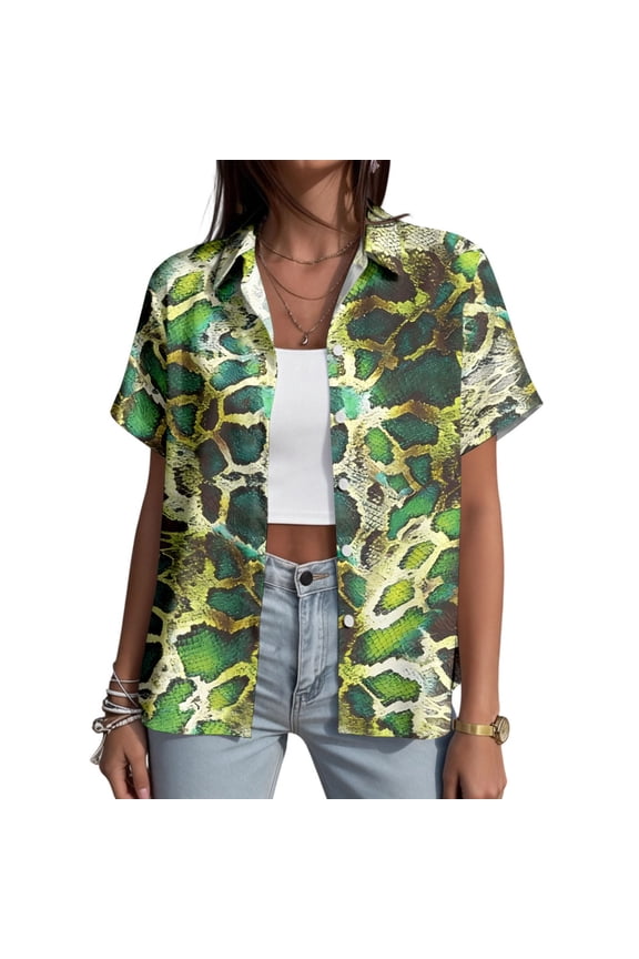Womens Hawaiian Shirt Snakeskin Print Button Down Short Sleeve Beach Shirt Fashion Summer Tops for Party Streetwear