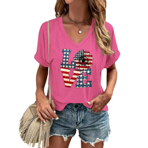 Ankishi Womens Patriotic Shirts V Neck Love Summer Short Sleeve Tee Shirt Loose Fit Fashion Clothes for Travel