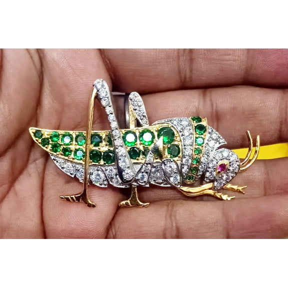 Ankita Gemstones Cubic Zircon 925 Sterling Silver Emerald Ruby Brooch Locust Shape Brooch