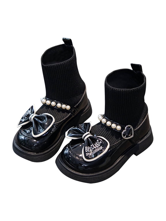 Ankle Boots with Bow Decor and Pearl Decor, Knit Sock Boots with Heart Decor, Round Toe Non Slip Sole Ankle Boots for School Performance Daily Walking Party
