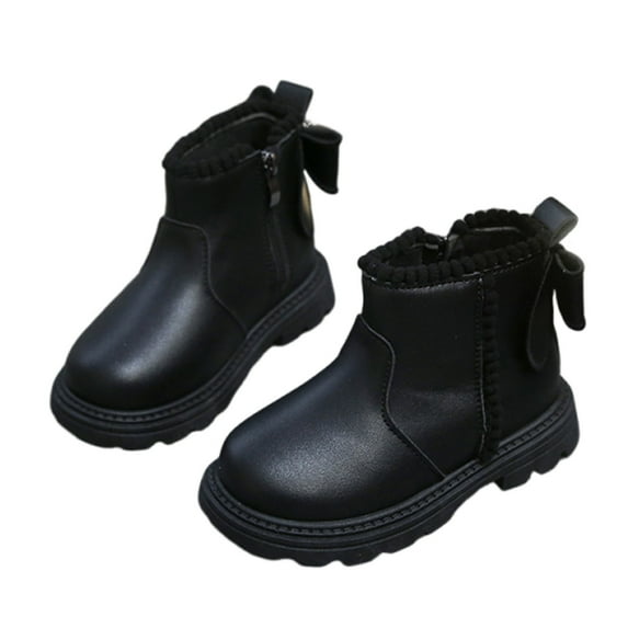 Ankle Boots Children's Winter Solid Color Short Leather Boots British-style Boots Side Zipper Fall Winter Short Leather Boots for Girls Bow Decorated Boots Comfortable Children Footwear