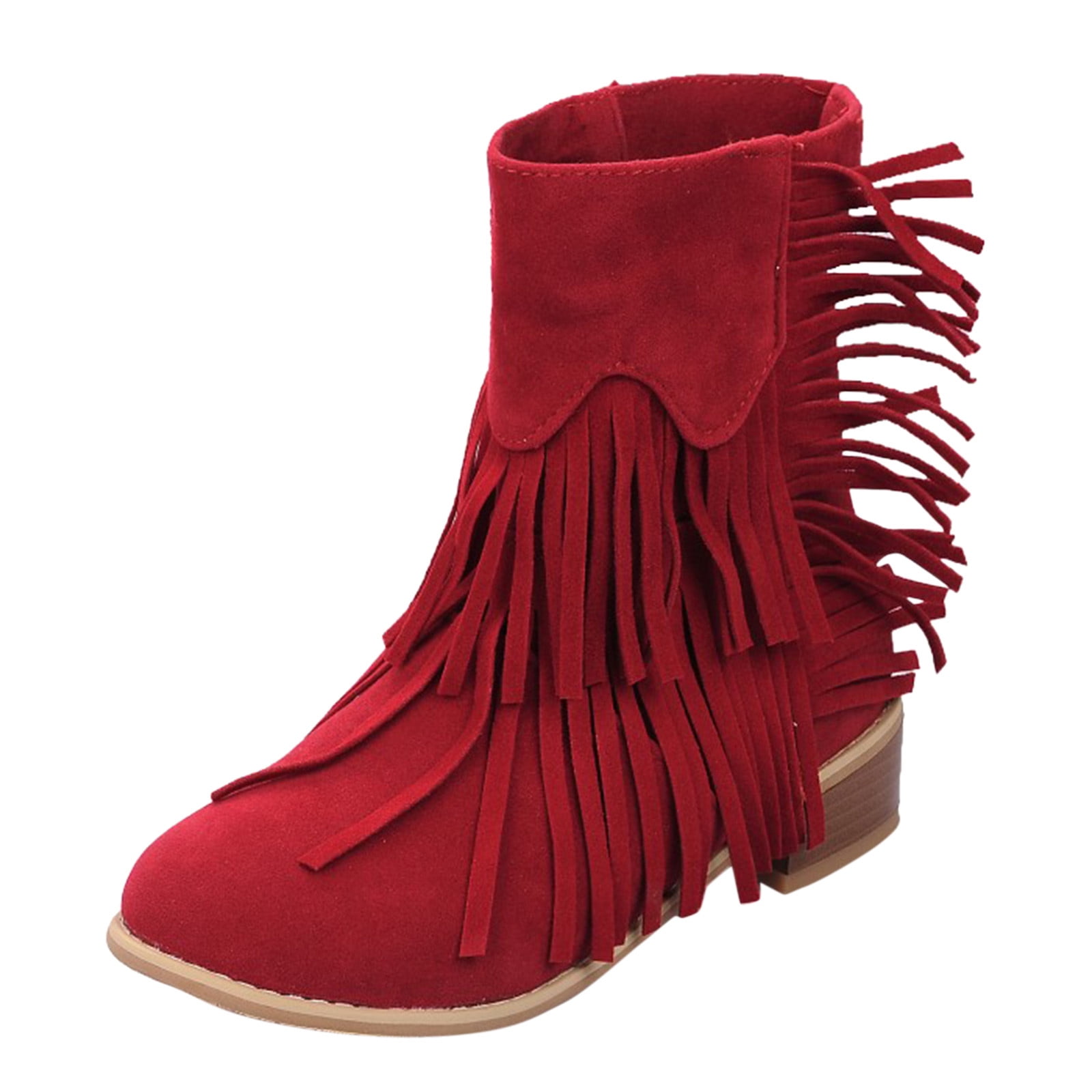 Ankle Boots For Women Comfy Retro Tassel SlipOn Boots Solid Color