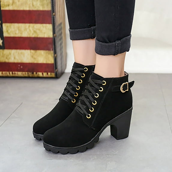 black and friday deals 2024 Aueoeo Ankle Boots For Women Sexy High Heels Boots Round Toe Platforms Booties Lace Up Suede Shoes With Side Zipper Black