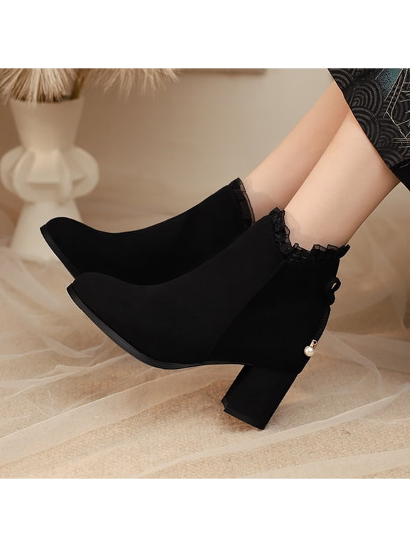 Ankle Boots For Women Wide Ankle Tie Knot Side Zipper Round Toe Heels Boots For Women