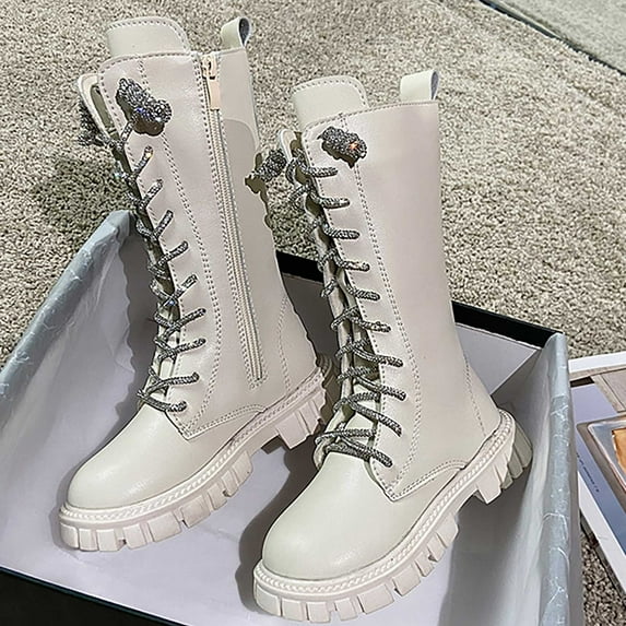 Ankle Boots,Girls Boots With Rhinestones Classic Knee High for Kids Fall Winter Footwear for Dress,Black Boots Toddler Girl,01 White,6-7 Years