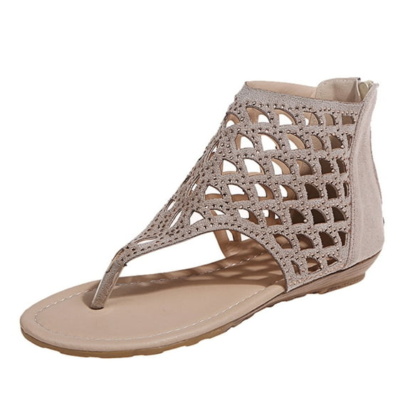 Ankle Boots Sandals for Women Summer Rhinestone Hollow Mesh Flat Sandals Open Toe Flip-Flops Sandal Shoes