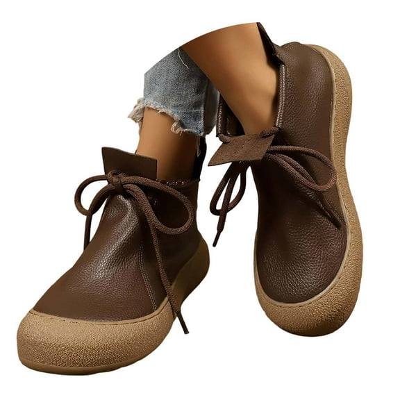 Ankle Boots Winter Shoes Women Leather Ankle Boots Round Toe Flat Lace Up Style Short Boots Comfortable Casual Footwear for Daily Wear