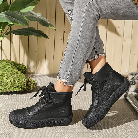 Ankle Boots for Women No Heel Orthopedic Low Heel Arch Support Short Ankle Bootie Lace Up Side Zipper Vintage Casual Flat Shoes for Women 2026 Comfortable Wide 𝐃iabetic Damping Loafers Shoes