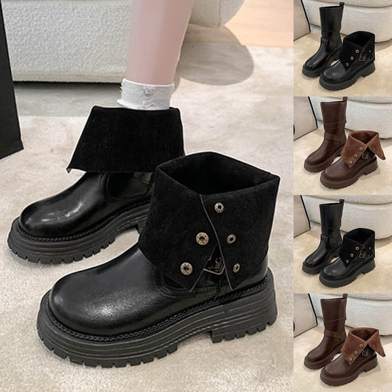 Ankle Boots Women Thick-Soled Round Toe Boots Women's Fashion Casual Versatile Comfortable Booties Fall Winter Warm Shoes Black 7