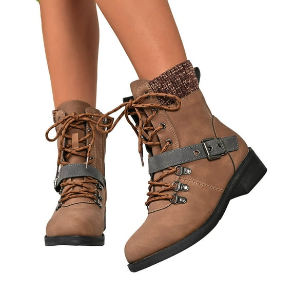Ankle Boots for Women Vintage Leather Lace up Low Heel Short Riding Booties Casual Comfy Stretch Knit Trendy Buckle Strap Zipper Mid Calf Motorcycle Boots Brown Size 8.5