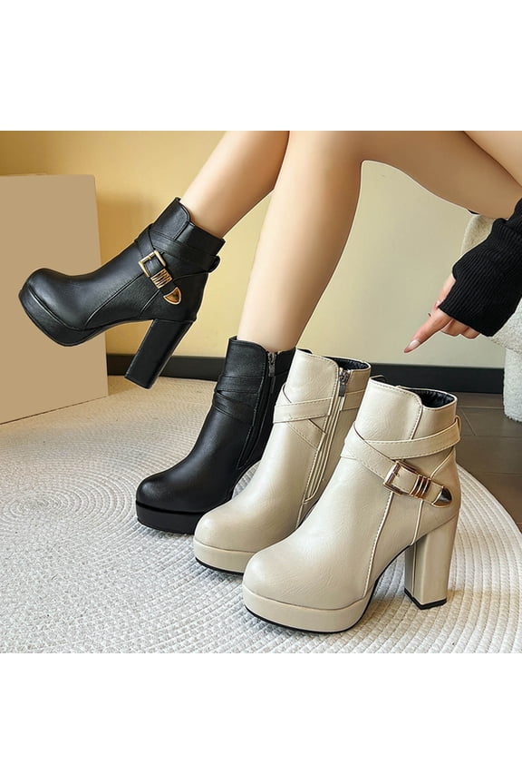 Ankle Boots Women Women Casual Chunky Heel Round Toe Flatform High Heels Fashion Side Zipper Short Boots for Daily Party