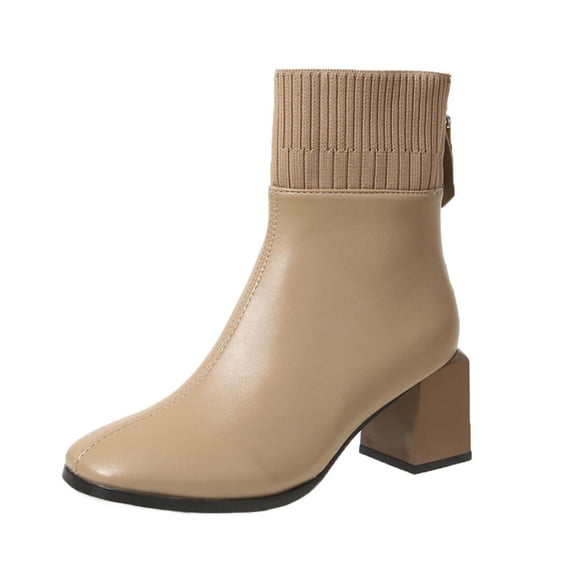 Ankle Boots Women's Fashion Casual Winter Splicing Solid Color Square Toe Back Zipper Thick Mid Heel for Outdoor and Indoor Use