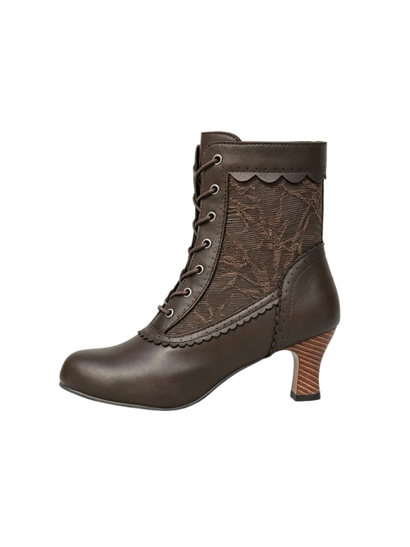Ankle Boots for Women Black Lace Up Round Toe Kitten Heel Lace Panel Vintage Granny Booties 37