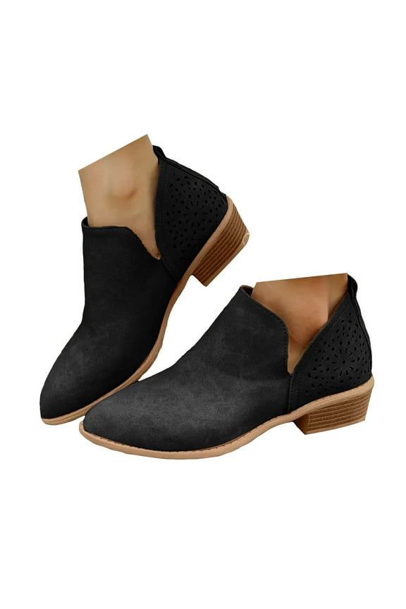 Ankle Boots for Women Casual Cut Out Short Booties Low Stacked Heel Western Slip on Dress Shoes Walking Sandals