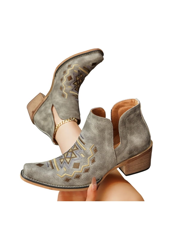 Ankle Boots for Women Casual Cut Out Slip On Low Heel Short Chunky Stacked Heel, Retro Tribal Chunky Heel Cowgirl Shoes for Party Daily Wear