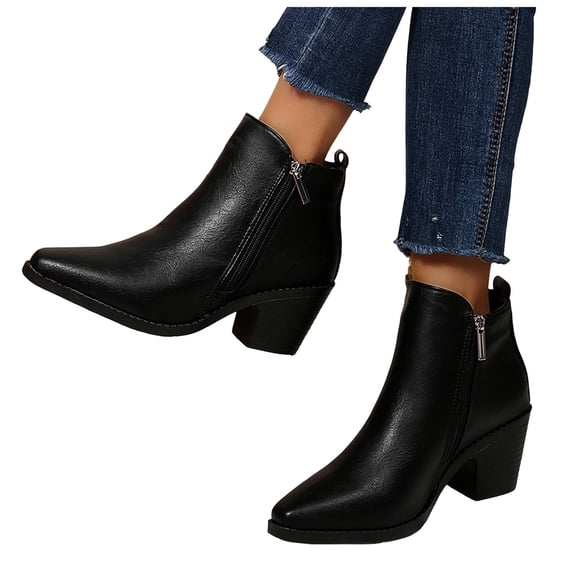 Ankle Boots for Women Casual Leather Pointed Toe Zip up Dress Booties Stacked Mid Heel Vintage Short Chelsea Boots Black Size 8.5